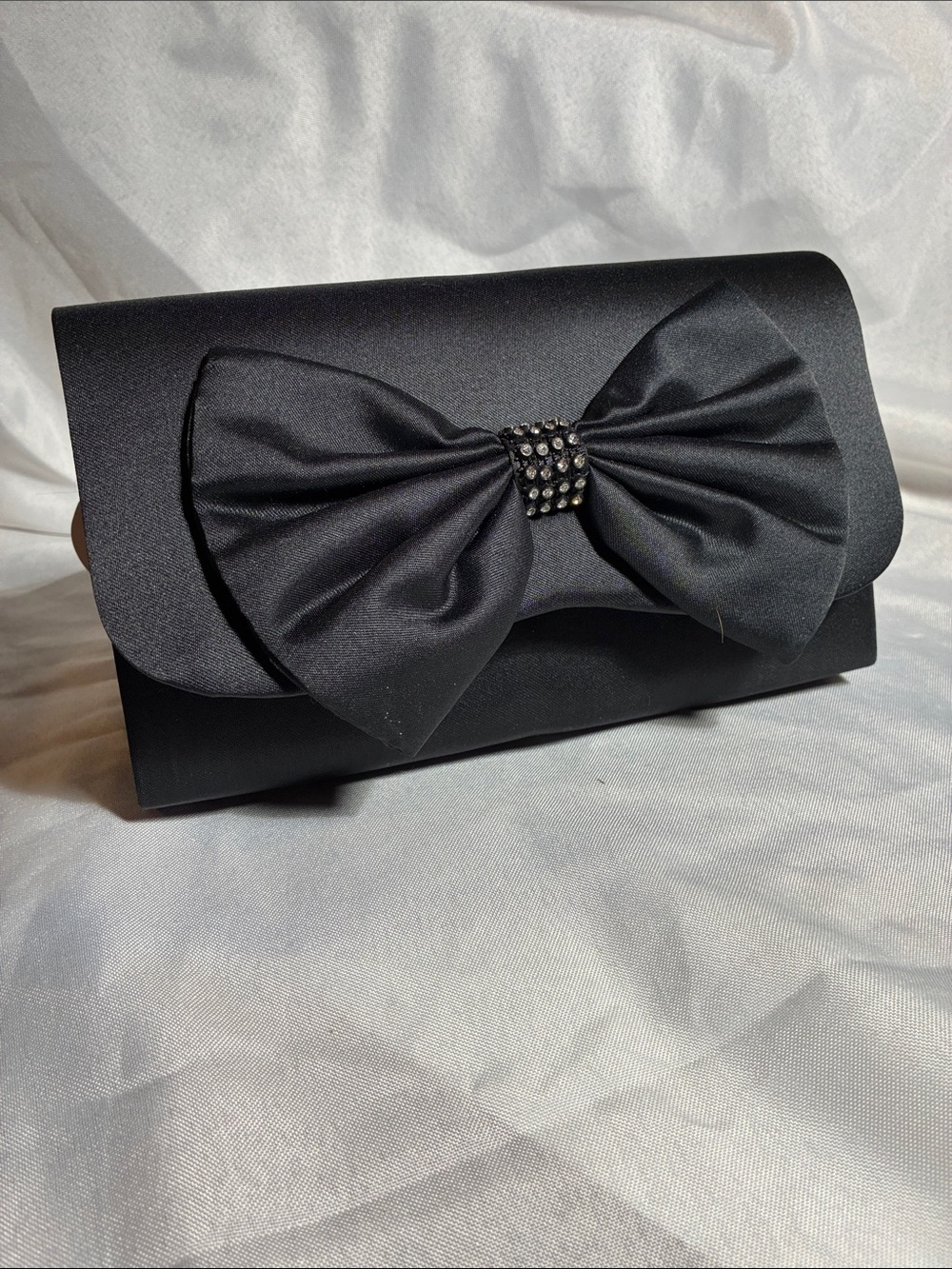 Black Satin Bow Clutch with Rhinestone Accent